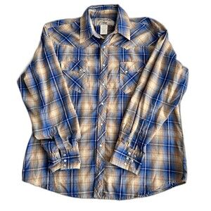 WRANGLER WRANCHER WESTERN PLAID PEARL SNAP SHIRT BLUE BROWN MULTI MENS XL